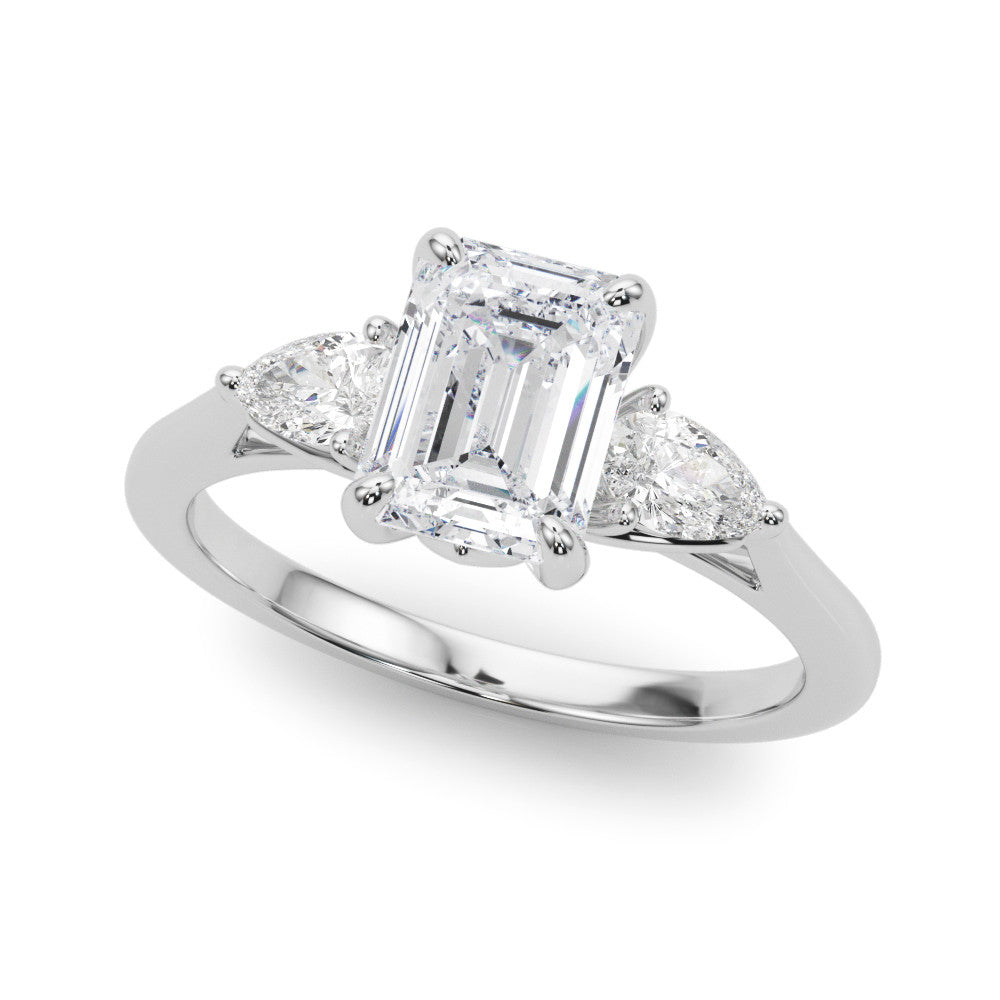 Silver Three-Stone Emerald Cut Diamond Ring with Pear Side Stones on a Platinum Band and Four-Prong Setting