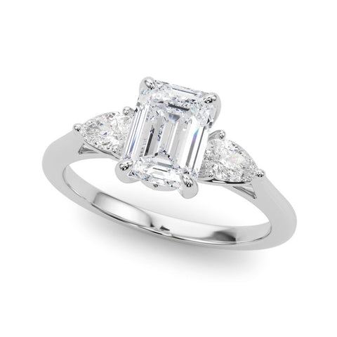 Silver Three-Stone Oval Cut Diamond Ring with Pear Side Stones on a Platinum Band and Four-Prong Setting