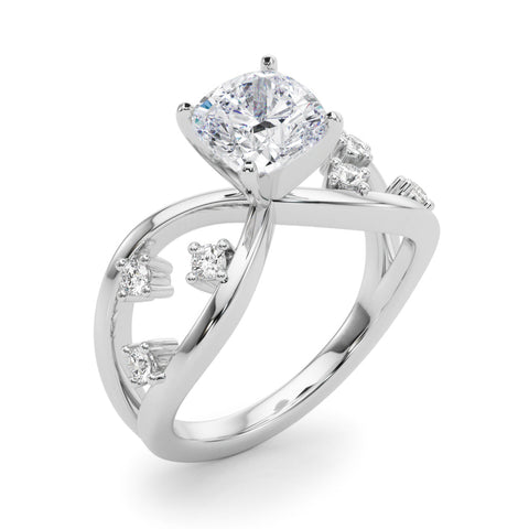 White gold Cushion Cut Solitaire Diamond with Side Stones on Criss-Cross Band and Four-Prong Setting