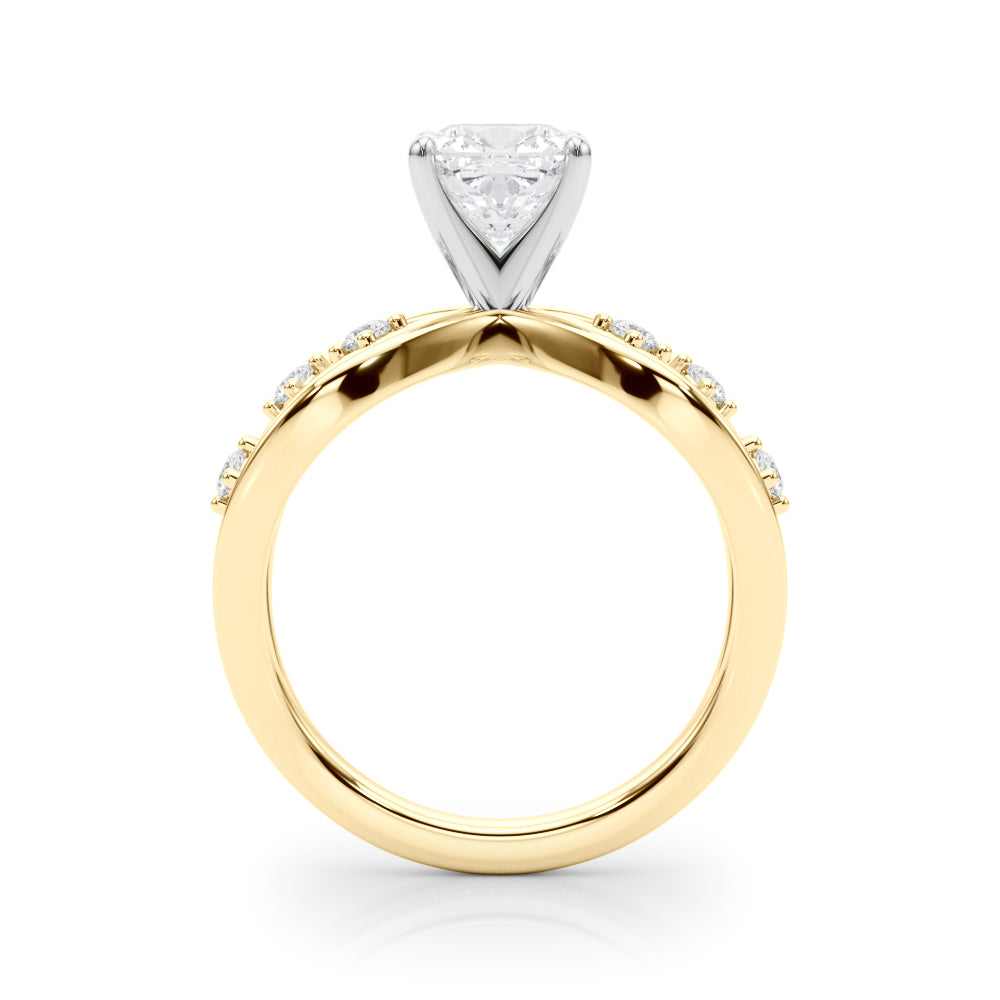 Yellow gold Cushion Cut Solitaire Diamond with Side Stones on Criss-Cross Band and Four-Prong Setting