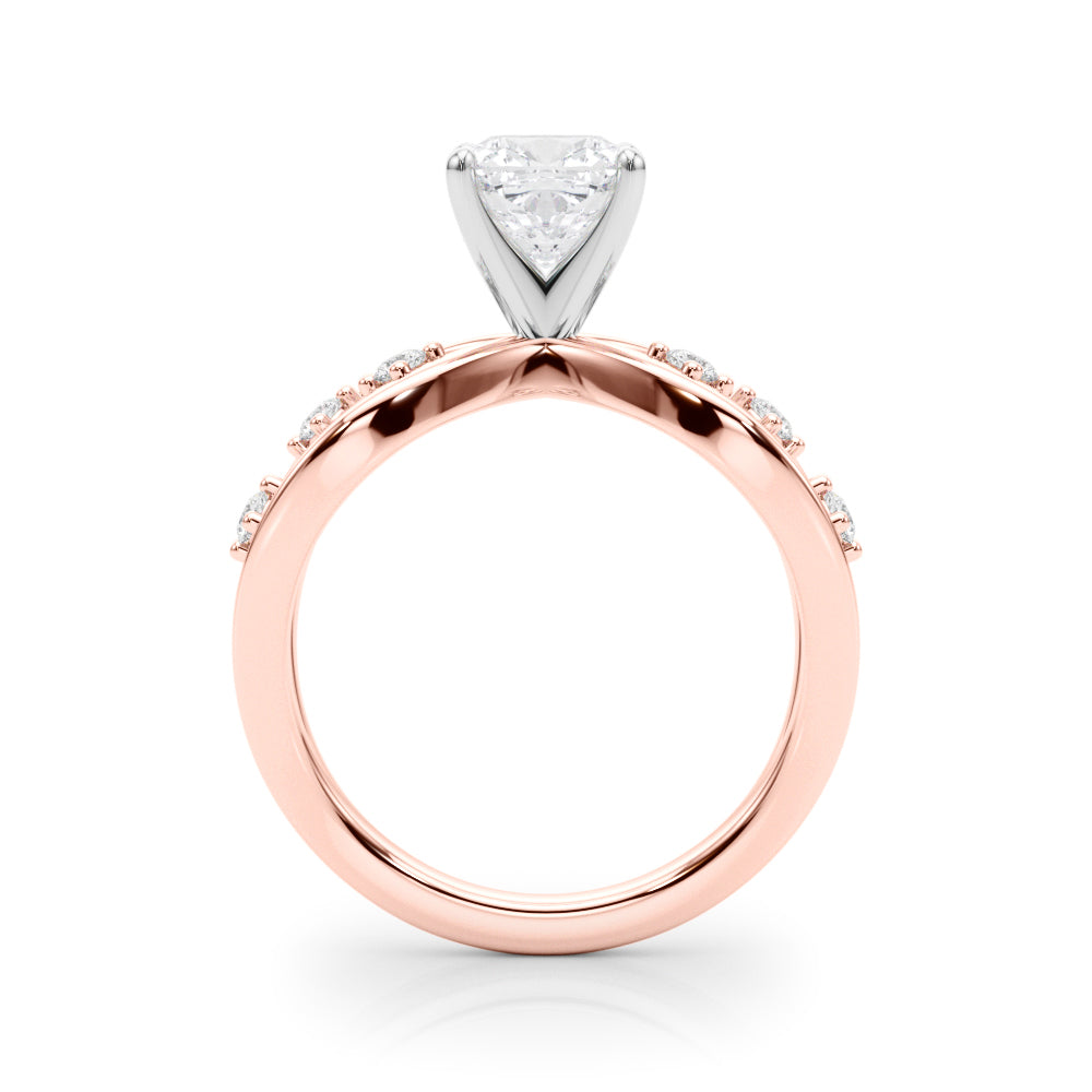 Rose gold Cushion Cut Solitaire Diamond with Side Stones on Criss-Cross Band and Four-Prong Setting