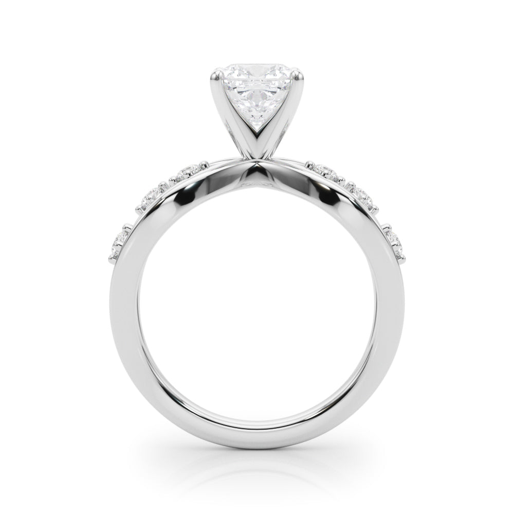 White gold Cushion Cut Solitaire Diamond with Side Stones on Criss-Cross Band and Four-Prong Setting