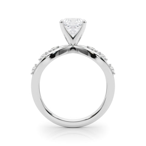 White gold Cushion Cut Solitaire Diamond with Side Stones on Criss-Cross Band and Four-Prong Setting