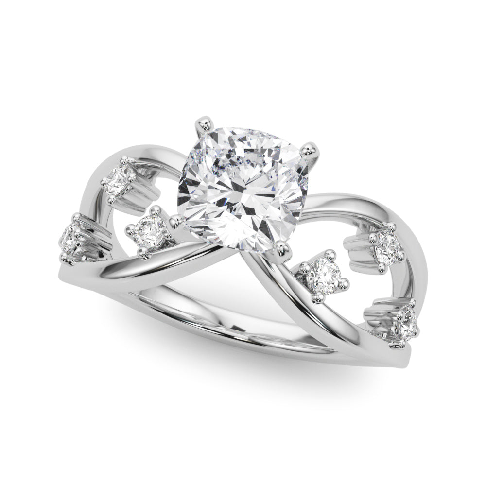 White gold Cushion Cut Solitaire Diamond with Side Stones on Criss-Cross Band and Four-Prong Setting