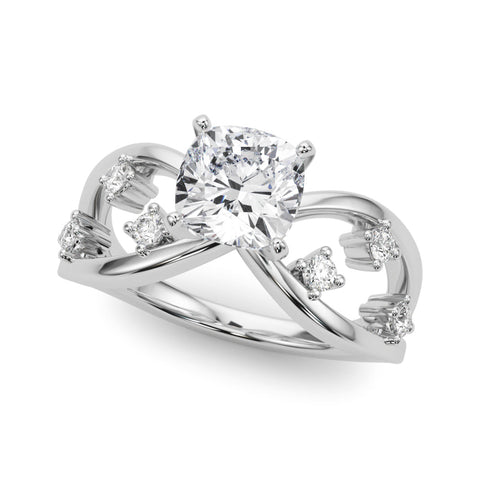 White gold Cushion Cut Solitaire Diamond with Side Stones on Criss-Cross Band and Four-Prong Setting