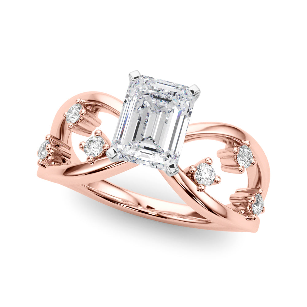 Rose gold Emerald Cut Solitaire Diamond with Side Stones on Criss-Cross Band and Four-Prong Setting