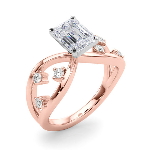 Rose gold Emerald Cut Solitaire Diamond with Side Stones on Criss-Cross Band and Four-Prong Setting