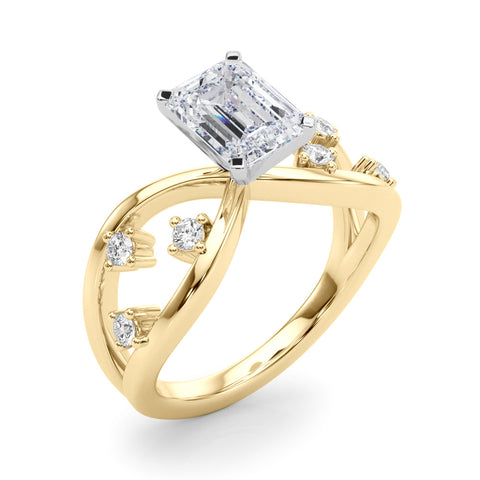 Yellow gold Emerald Cut Solitaire Diamond with Side Stones on Criss-Cross Band and Four-Prong Setting