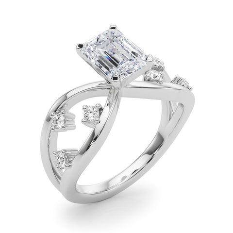 Silver Emerald Cut Solitaire Diamond with Side Stones on Criss-Cross Band and Four-Prong Setting