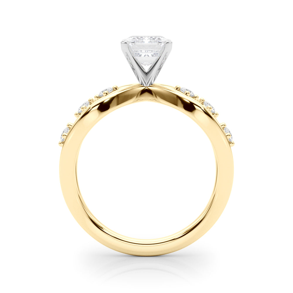 Yellow gold Radiant Cut Solitaire Diamond with Side Stones on Criss-Cross Band and Four-Prong Setting