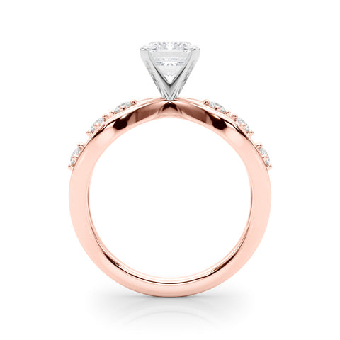 Rose gold Emerald Cut Solitaire Diamond with Side Stones on Criss-Cross Band and Four-Prong Setting
