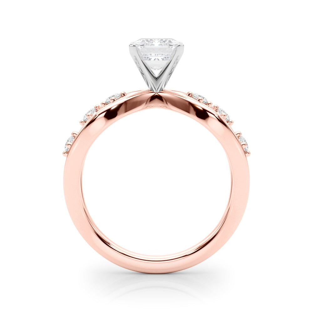 Rose gold Emerald Cut Solitaire Diamond with Side Stones on Criss-Cross Band and Four-Prong Setting