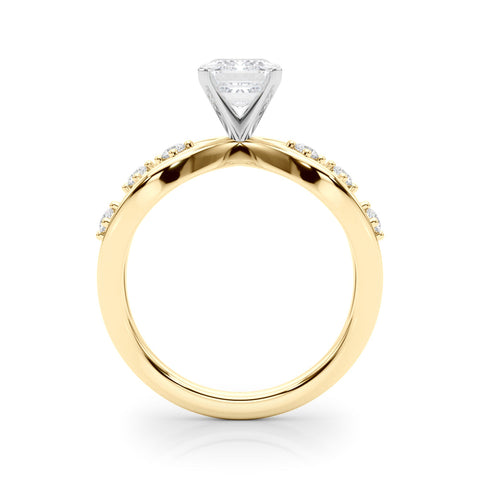 Yellow gold Emerald Cut Solitaire Diamond with Side Stones on Criss-Cross Band and Four-Prong Setting