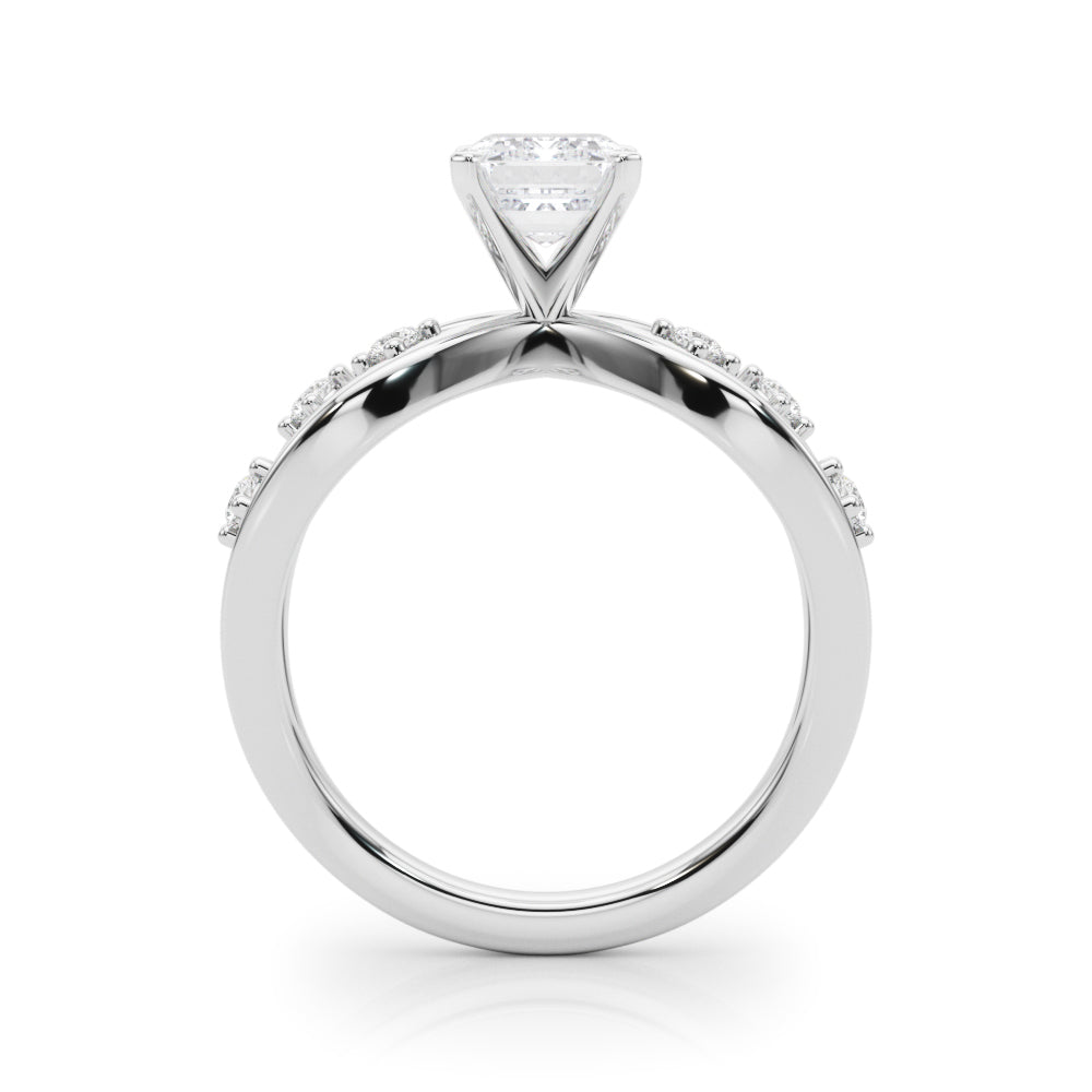 Silver Radiant Cut Solitaire Diamond with Side Stones on Criss-Cross Band and Four-Prong Setting