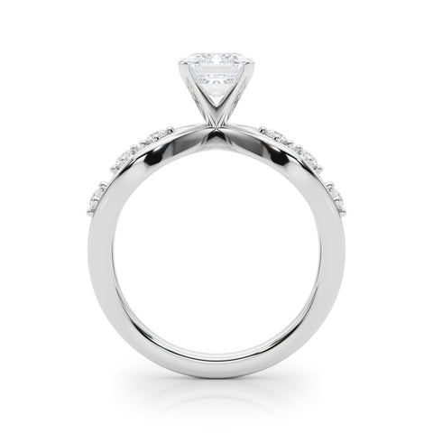 Platinum Radiant Cut Solitaire Diamond with Side Stones on Criss-Cross Band and Four-Prong Setting