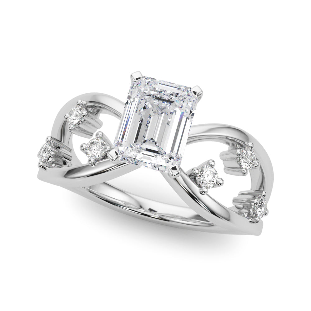 Platinum Radiant Cut Solitaire Diamond with Side Stones on Criss-Cross Band and Four-Prong Setting