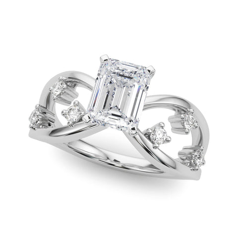 Silver Emerald Cut Solitaire Diamond with Side Stones on Criss-Cross Band and Four-Prong Setting