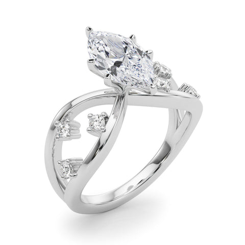 White gold Marquise Cut Solitaire Diamond with Side Stones on Criss-Cross Band and Four-Prong Setting
