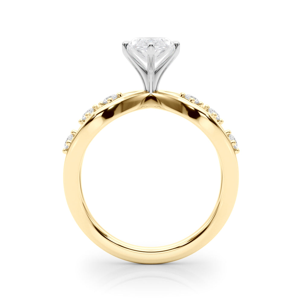 Yellow gold Marquise Cut Solitaire Diamond with Side Stones on Criss-Cross Band and Four-Prong Setting