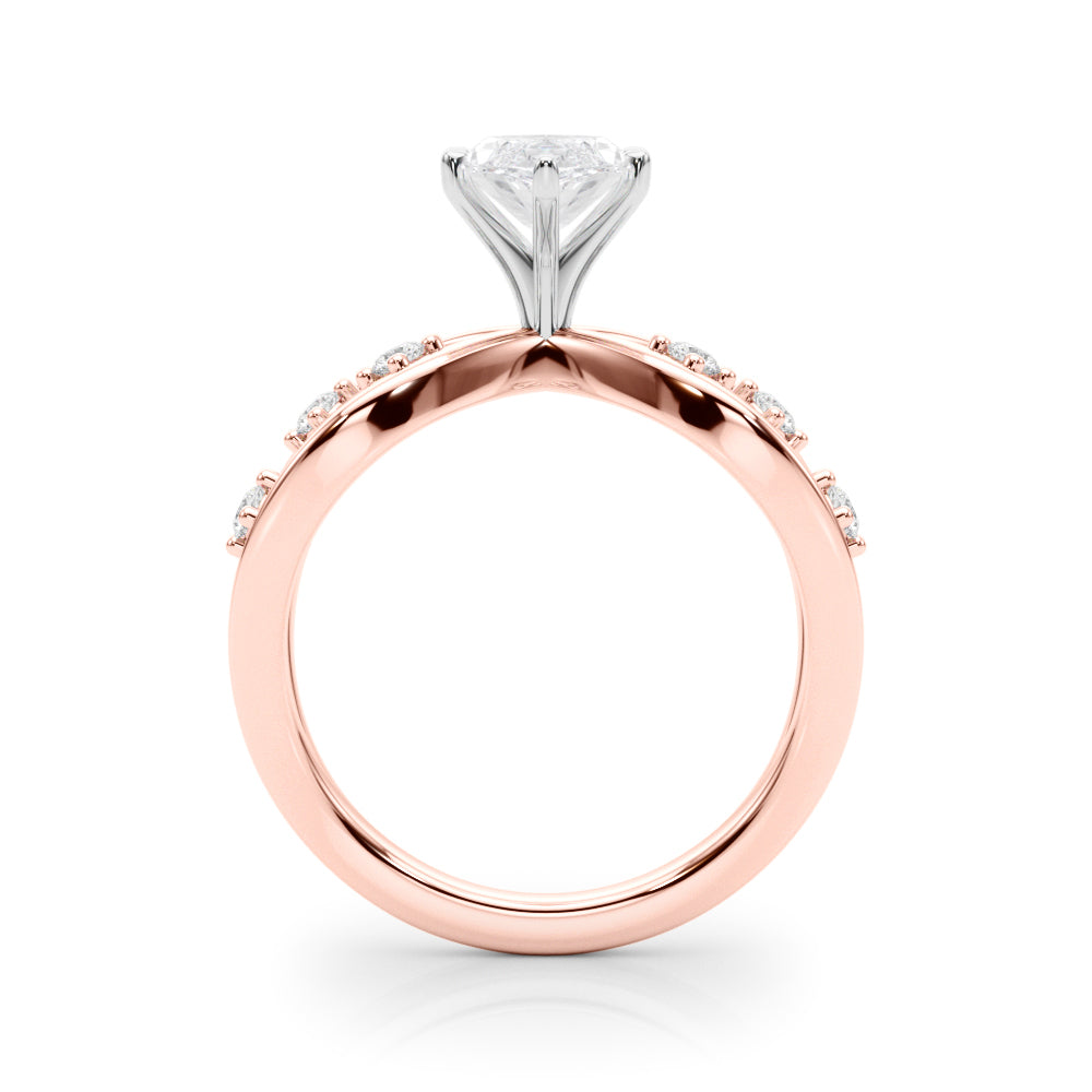Rose gold Marquise Cut Solitaire Diamond with Side Stones on Criss-Cross Band and Four-Prong Setting