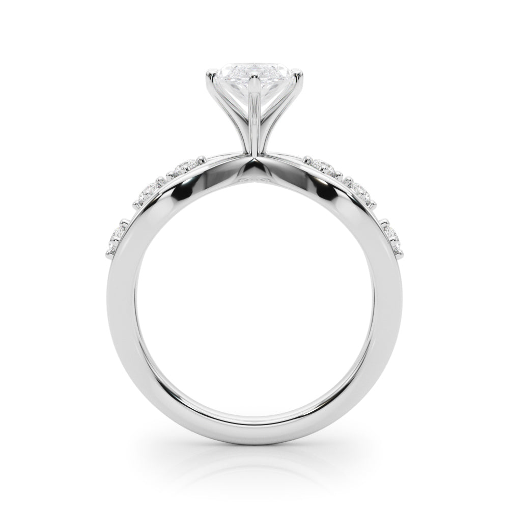 White gold Marquise Cut Solitaire Diamond with Side Stones on Criss-Cross Band and Four-Prong Setting