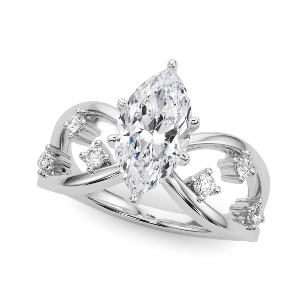 White gold Marquise Cut Solitaire Diamond with Side Stones on Criss-Cross Band and Four-Prong Setting