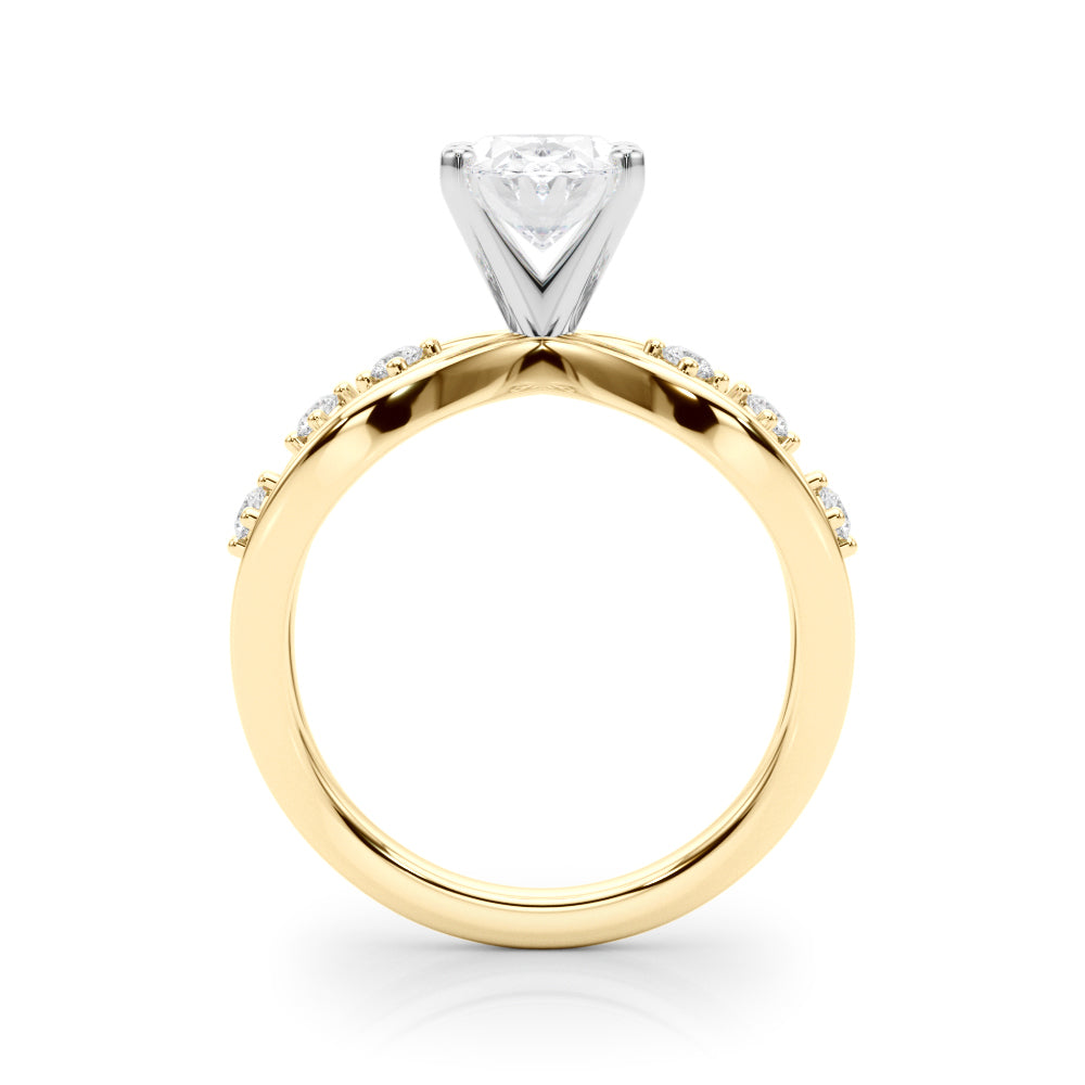 Yellow gold Oval Cut Solitaire Diamond with Side Stones on Criss-Cross Band and Four-Prong Setting
