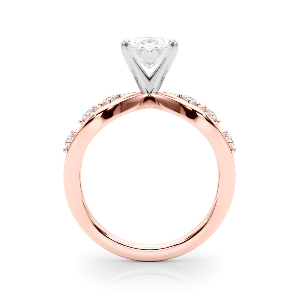 Rose gold Oval Cut Solitaire Diamond with Side Stones on Criss-Cross Band and Four-Prong Setting