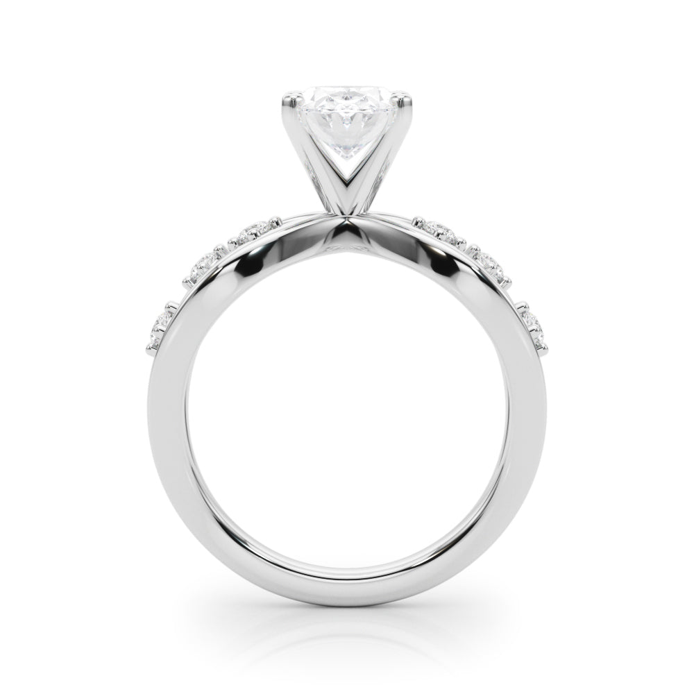 White gold Oval Cut Solitaire Diamond with Side Stones on Criss-Cross Band and Four-Prong Setting