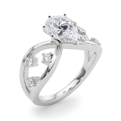 White gold Pear Cut Solitaire Diamond with Side Stones on Criss-Cross Band and Four-Prong Setting