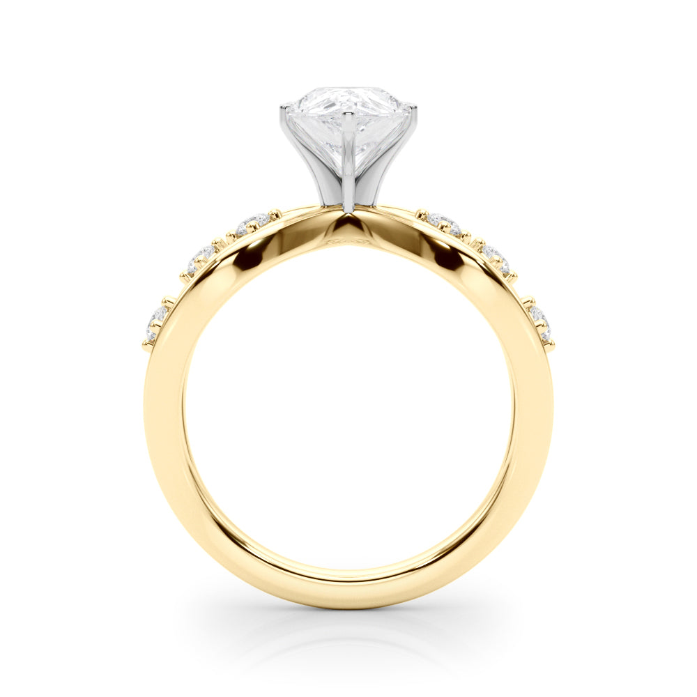 Yellow gold Pear Cut Solitaire Diamond with Side Stones on Criss-Cross Band and Four-Prong Setting
