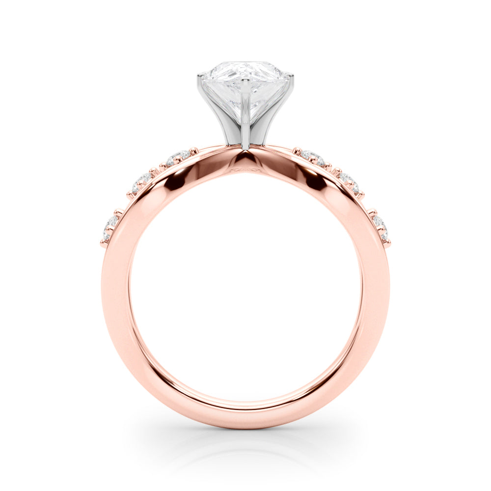Rose gold Pear Cut Solitaire Diamond with Side Stones on Criss-Cross Band and Four-Prong Setting