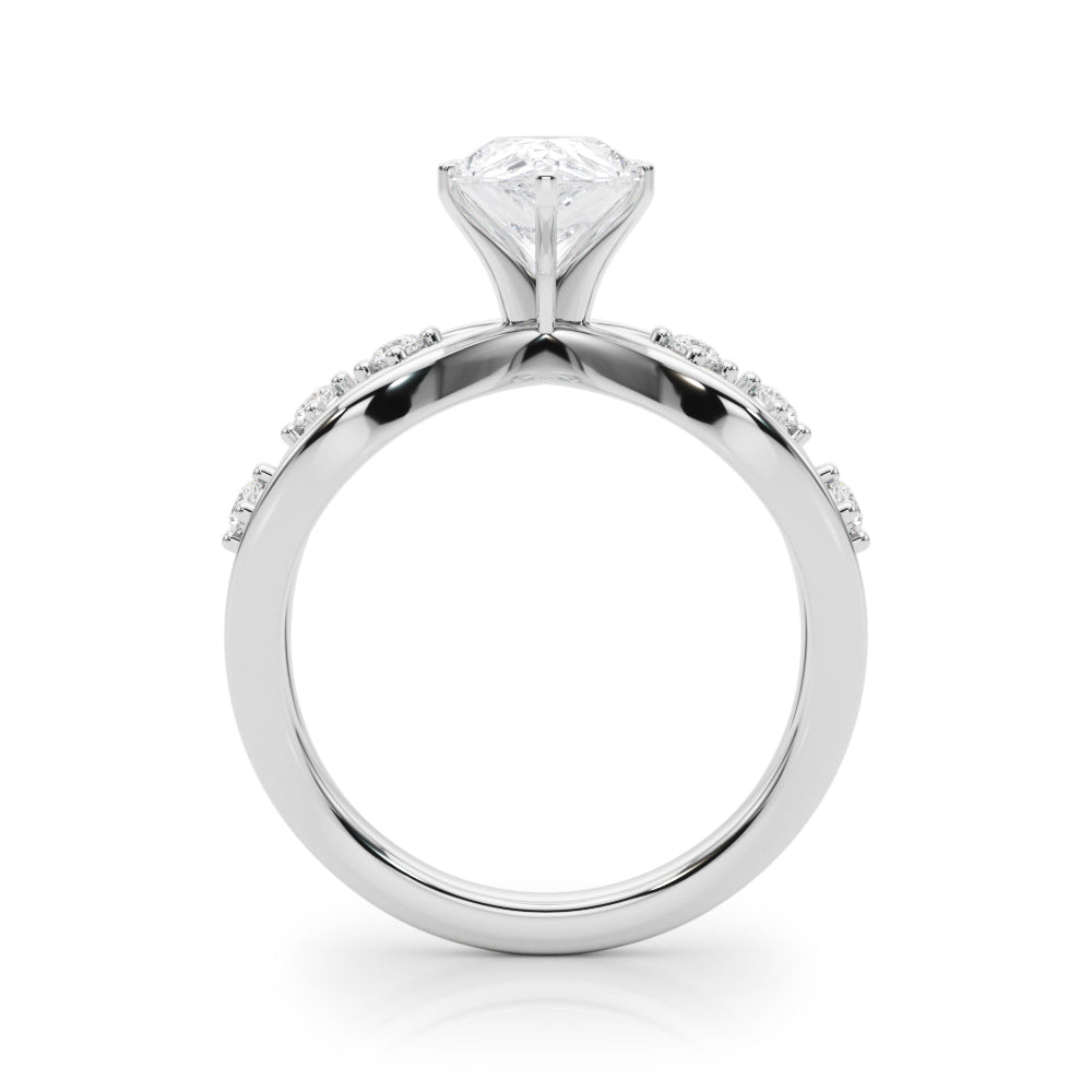 Platinum Pear Cut Solitaire Diamond with Side Stones on Criss-Cross Band and Four-Prong Setting