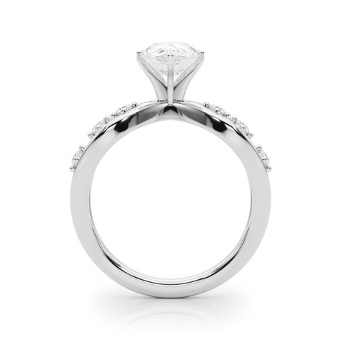 Platinum Pear Cut Solitaire Diamond with Side Stones on Criss-Cross Band and Four-Prong Setting