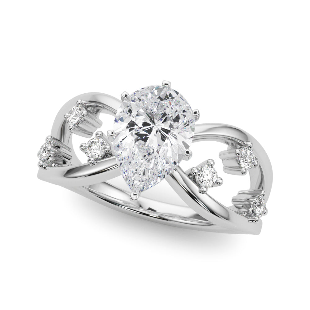 Platinum Pear Cut Solitaire Diamond with Side Stones on Criss-Cross Band and Four-Prong Setting