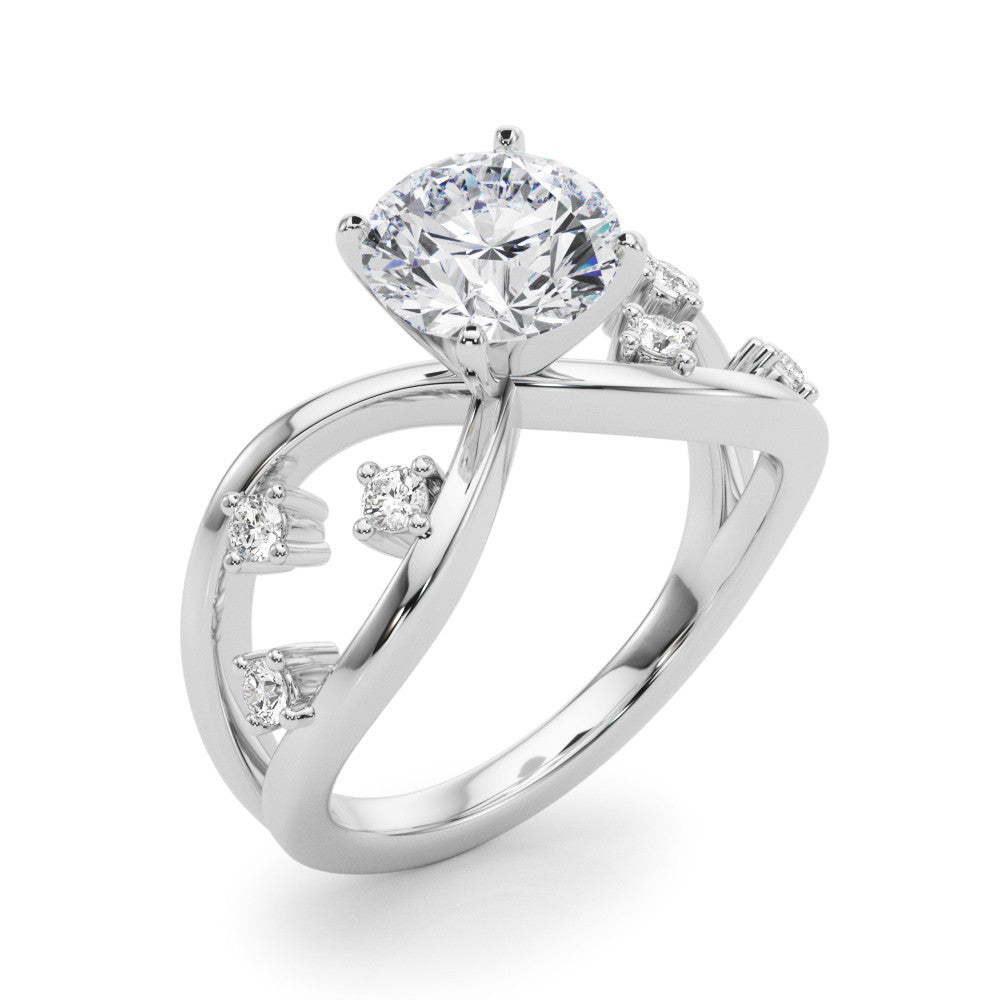 White gold Round Cut Solitaire Diamond with Side Stones on Criss-Cross Band and Four-Prong Setting