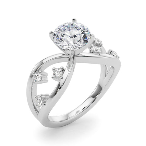 Platinum Round Cut Solitaire Diamond with Side Stones on Criss-Cross Band and Four-Prong Setting