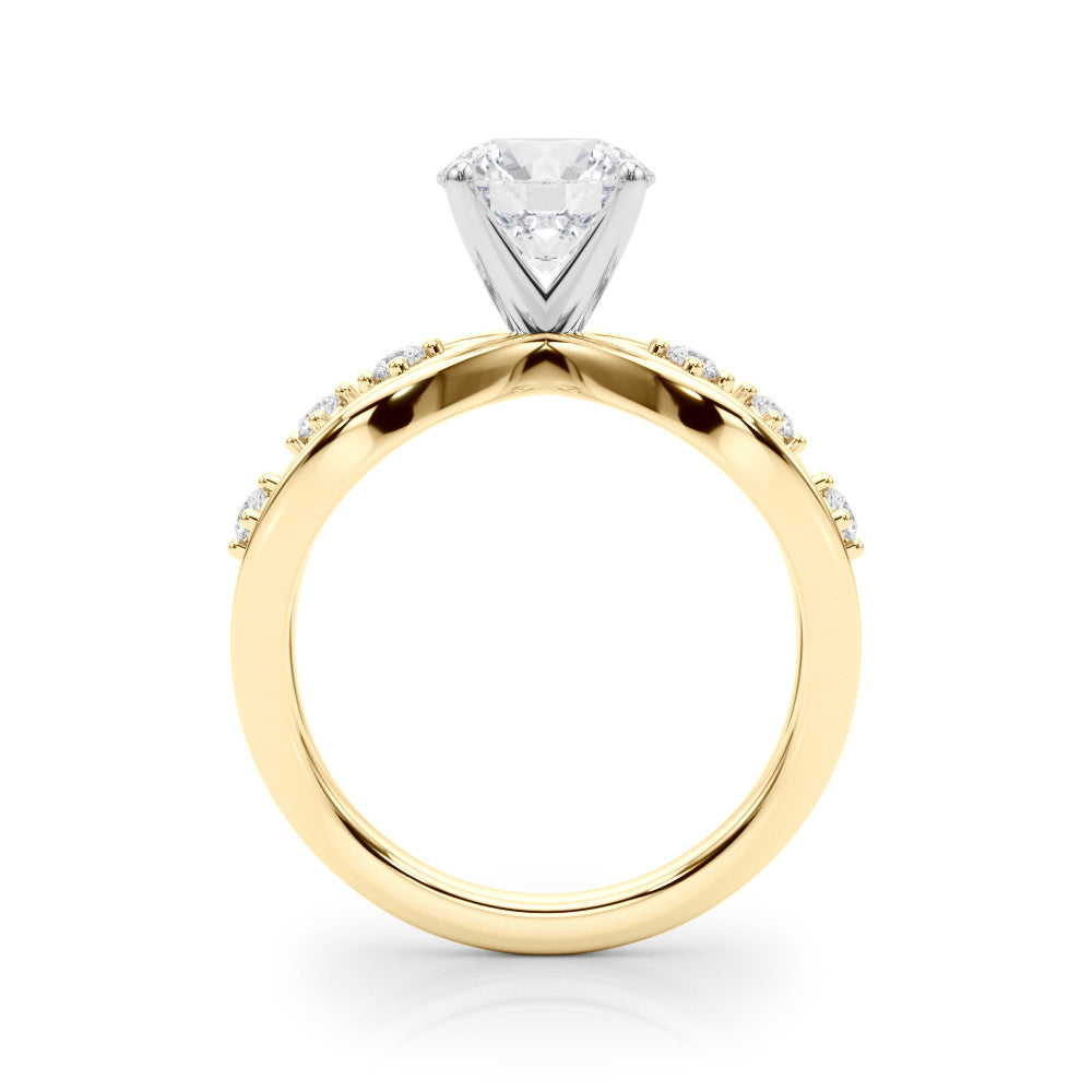 Yellow gold Round Cut Solitaire Diamond with Side Stones on Criss-Cross Band and Four-Prong Setting