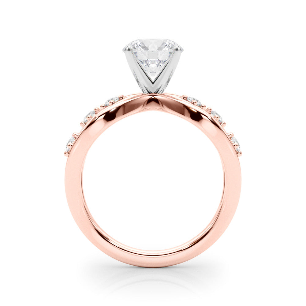 Rose gold Round Cut Solitaire Diamond with Side Stones on Criss-Cross Band and Four-Prong Setting