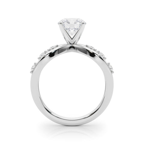 Platinum Round Cut Solitaire Diamond with Side Stones on Criss-Cross Band and Four-Prong Setting