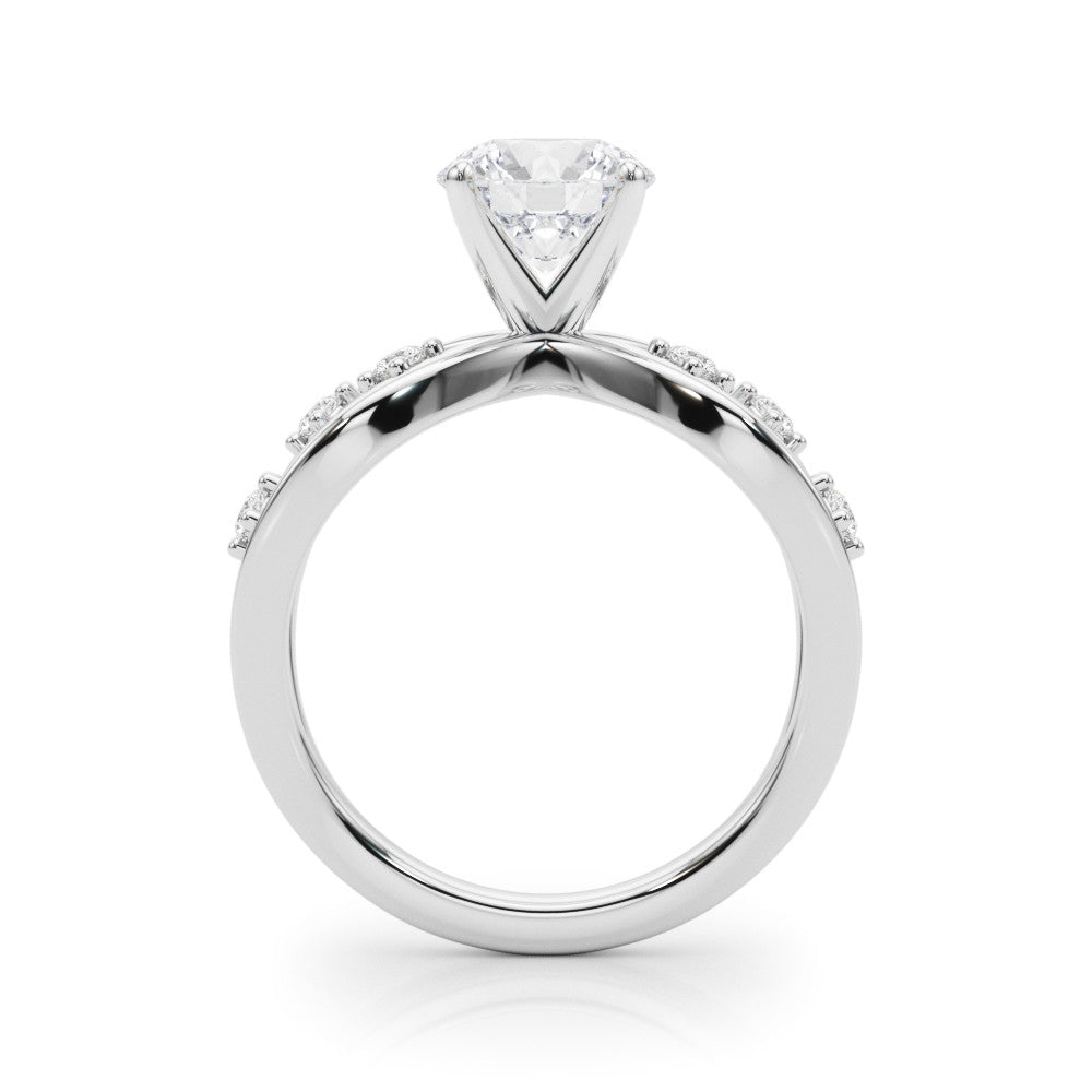 Platinum Round Cut Solitaire Diamond with Side Stones on Criss-Cross Band and Four-Prong Setting