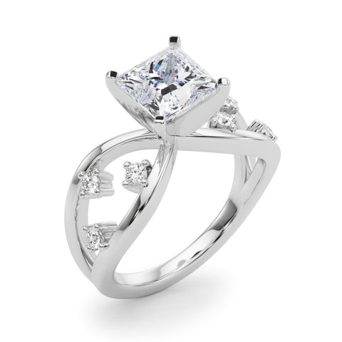 White gold Princess Cut Solitaire Diamond with Side Stones on Criss-Cross Band and Four-Prong Setting