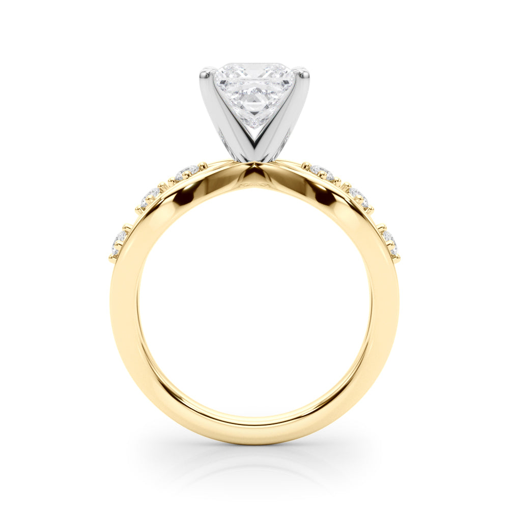 Yellow gold Princess Cut Solitaire Diamond with Side Stones on Criss-Cross Band and Four-Prong Setting