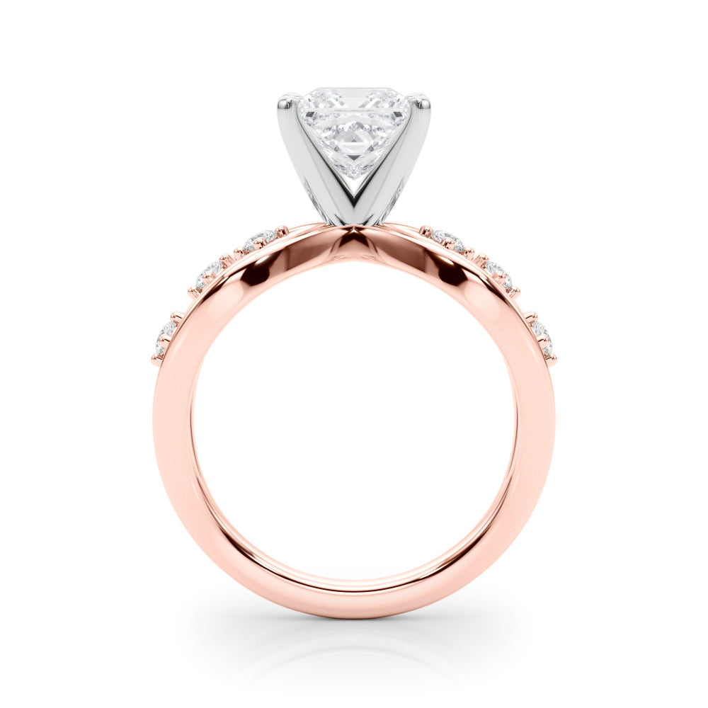 Rose gold Princess Cut Solitaire Diamond with Side Stones on Criss-Cross Band and Four-Prong Setting