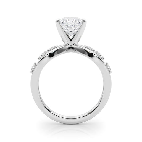 White gold Princess Cut Solitaire Diamond with Side Stones on Criss-Cross Band and Four-Prong Setting