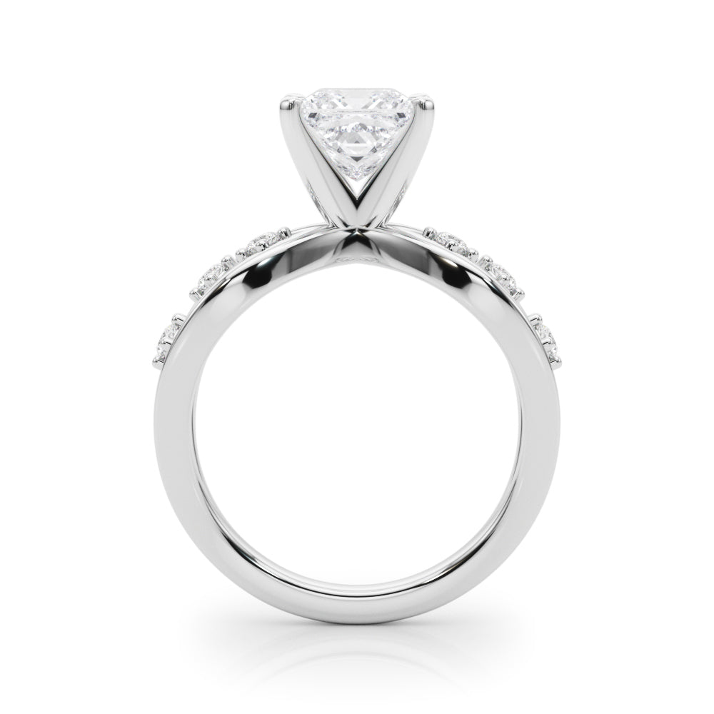 White gold Princess Cut Solitaire Diamond with Side Stones on Criss-Cross Band and Four-Prong Setting