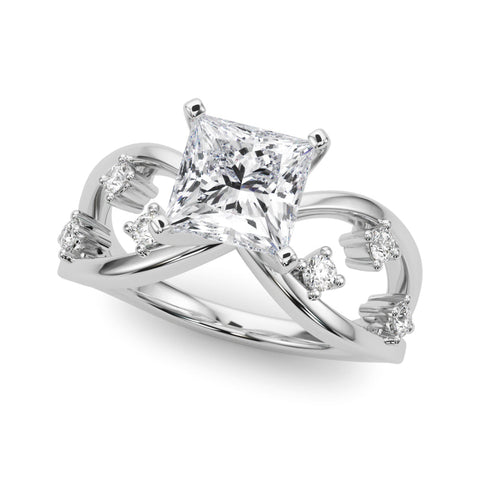 White gold Princess Cut Solitaire Diamond with Side Stones on Criss-Cross Band and Four-Prong Setting