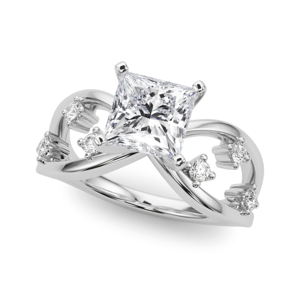 Platinum Princess Cut Solitaire Diamond with Side Stones on Criss-Cross Band and Four-Prong Setting