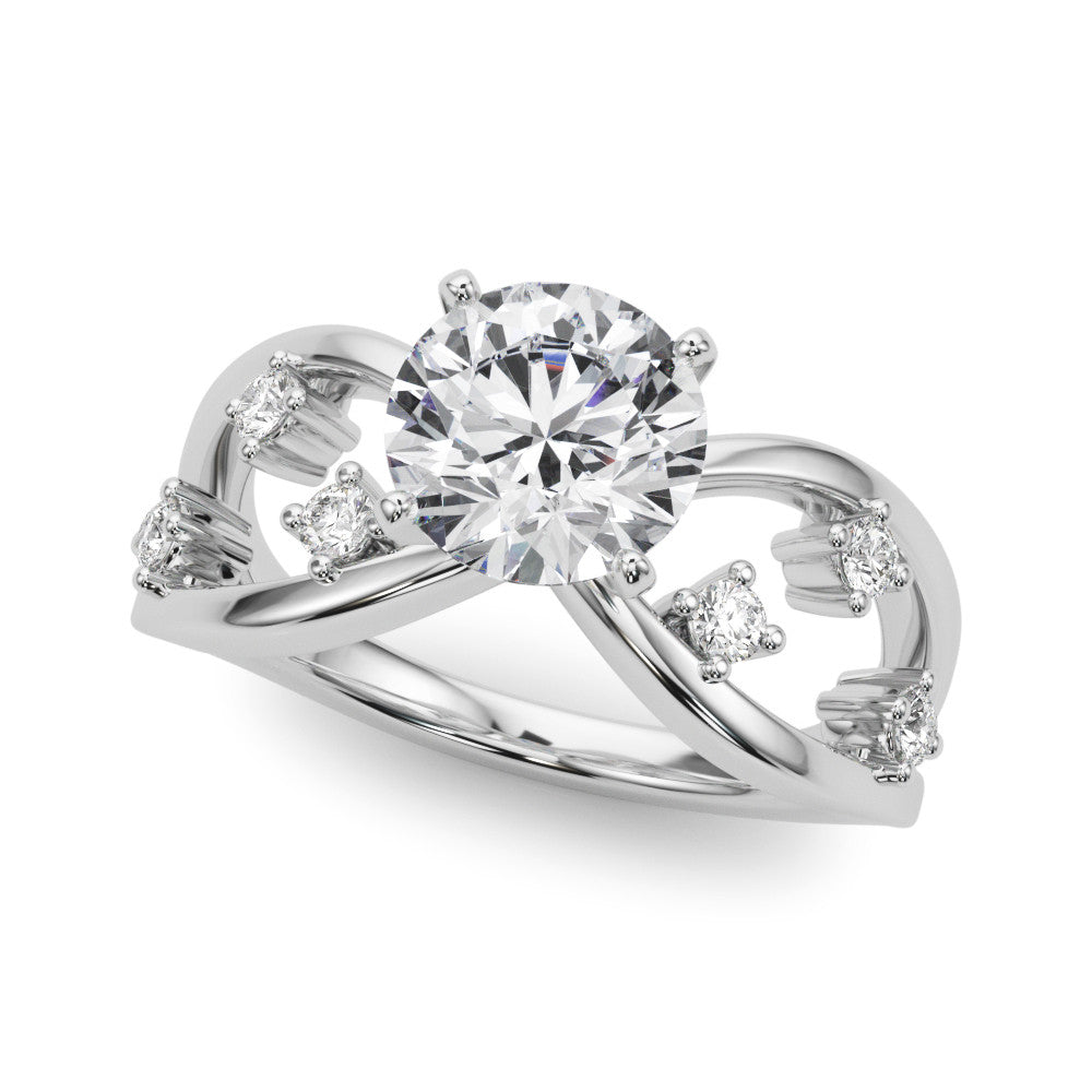 White gold Round Cut Solitaire Diamond with Side Stones on Criss-Cross Band and Four-Prong Setting