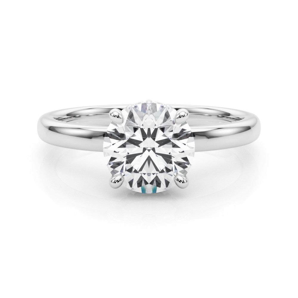 Platinum Round Brilliant Solitaire Engagement Ring with Six-Prong Setting and Classic Band